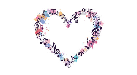 A watercolor heart shape filled with floating music notes and colorful splashes in soft pastel tones.