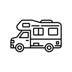 Simple black line art icon of a recreational vehicle or motorhome on a white background