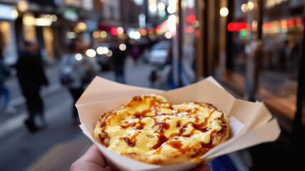 Welsh Rarebit street food served in a paper container.