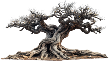 Isolated dead tree with barren branches, stark against a white background, symbolizing nature's resilience on white background.