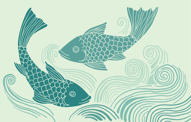 Abstract Koi Fish with Flowing Lines, japanese, traditional style, water waves