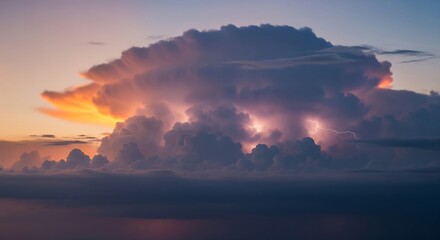 Dramatic sunset sky featuring a massive cumulonimbus cloud illuminated by lightning strikes and warm golden hues
