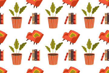 Seamless pattern with cozy interior with house plants. Vector illustration of armchair, bookshelf plants and books collected in ornament on white background