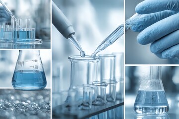Scientists are conducting chemical research experiments in a blue-lit laboratory, using various glass test tubes, flasks, and beakers filled with medical liquid solutions