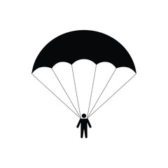 Black and White Parachuting Icon Depicting a Person with Parachute