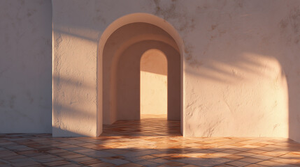 Mediterranean style room with stucco wall and arched doorway, warm sunlight casting soft shadows on terracotta tile floor, creating calm and inviting atmosphere