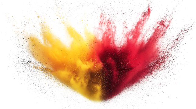 Explosion of yellow and red powder isolated on white or transparent png