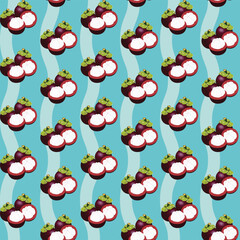A vibrant seamless pattern featuring grouped mangosteens both whole and halved arranged in repeating trios along soft wavy stripes over a teal background.