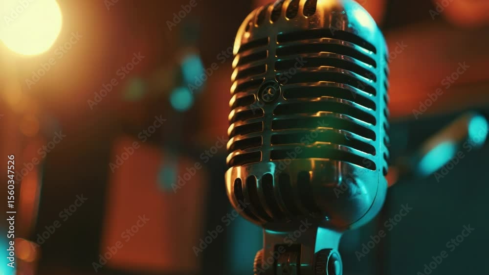 Poster A close-up shot of a microphone with a bright light in the background, ideal for uses such as music or podcast promotions