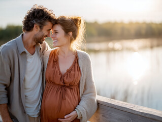 European pregnant woman and her partner standing closely on a wooden pier by a calm lake at sunset, smiling warmly in soft natural light with serene expression