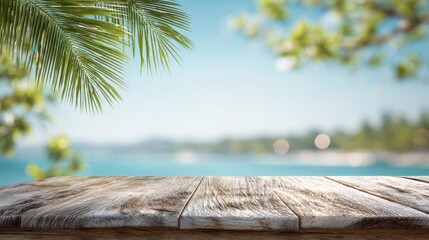 A 4K photo of top of wood table with seascape and palm leaves, blur bokeh light of calm sea and sky at tropical beach background. Empty ready for your product display montage.