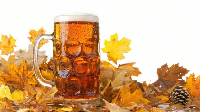 A mug of beer sits atop a pile of autumn leaves, perfect for outdoor gatherings or rustic themed events