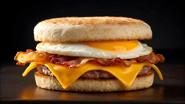 Delicious Breakfast Sandwich with Fried Egg, Crispy Bacon, Melted Cheese, and Sausage Patty on English Muffin