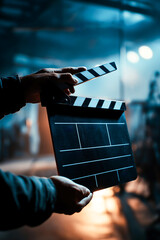 Close up hands of a person holding a cinema clapper board, film production, action scene, cinematography, entertainment industry, producer against blurred studio on background