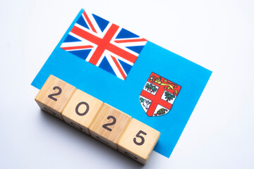 2025, Fiji flag with date block, Concept, Important events for Fiji the new year, election,...