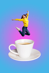 Creative image vertical photo collage of happy girl guy stand coffee cup drink herbal tea beverage...