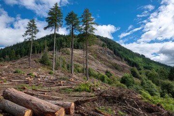 A vast expanse of felled timber lies scattered across a mountainside under a dramatic sky with scattered clouds