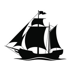 Black Silhouette of a Sailing Ship on White Background