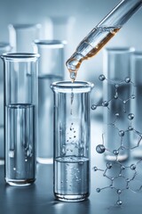 Blue transparent liquid fills a clean glass test tube in a laboratory, ready for a chemistry experiment