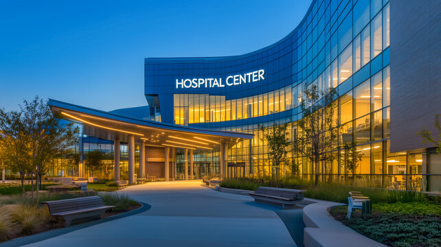 Modern hospital center building with illuminated entrance at dusk - Powered by Adobe