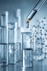 Laboratory glassware with blue liquid in test tubes and flasks for chemistry experiments and medical research