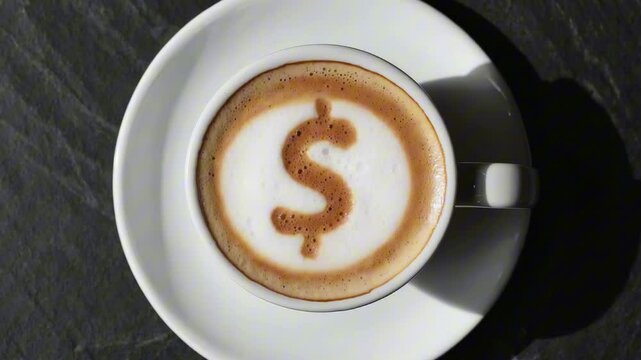 An espresso cappuccino coffee with $ sign shaped foam in a cup
