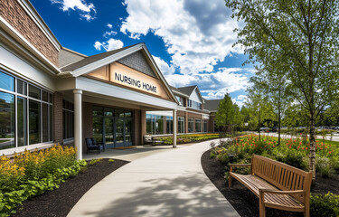Modern nursing home entrance with landscaped surroundings and seating area