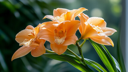 Beautiful orange orchids with delicate petals and green leaves