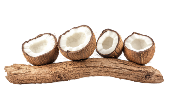 Coconut tree with curved trunk and visible coconuts growing under bright tropical sky isolated on transparent background PNG