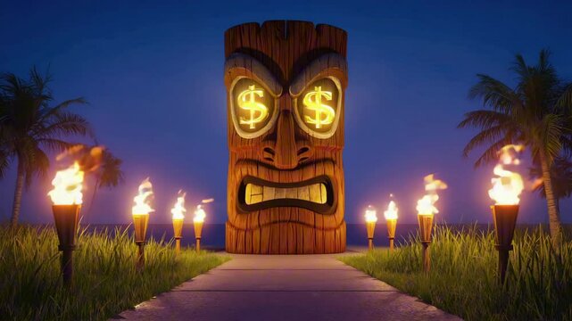 Tiki statue with glowing $ sign eyes, surrounded by animated torches and swaying palm trees