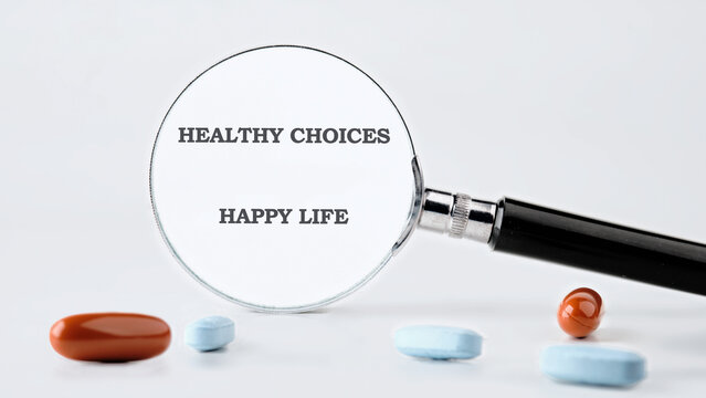 The concept phrase HEALTHY CHOICES HAPPY LIFE. Conversation, domestic, lifestyle, happiness, interaction concept