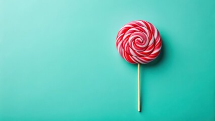 A single red and white swirled lollipop on a teal background, a delightful treat for a sweet tooth