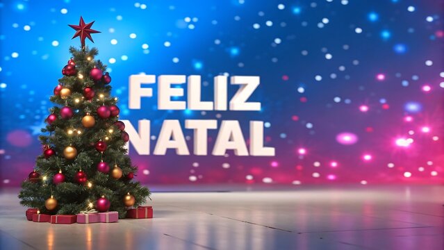 Decorated christmas tree with gifts and lights beside feliz natal text on glowing festive background

