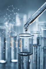 Laboratory glassware with blue liquid in test tubes and flasks for chemistry experiments and medical research