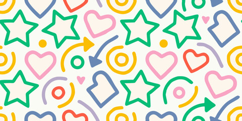 Colorful Hand Drawn Pattern with Hearts Stars Arrows and Abstract Shapes