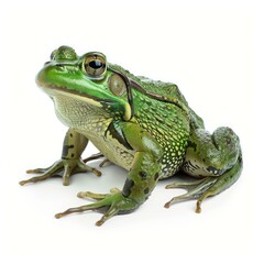 Obraz premium Large green frog sitting on a white background looking forward