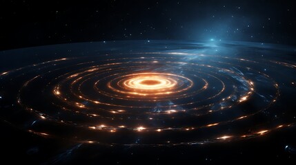 Massive, orbiting data rings made of light and code circling a glowing center point, set in a dark cosmic void.