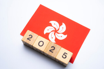 2025, Hong Kong Flag with date block, Concept, Important events for Hong Kong the new year,...