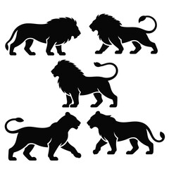 Black Lion Silhouettes in Various Poses on a White Background