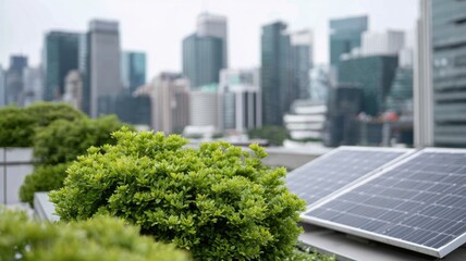 Fototapeta premium Rooftop garden with dense green shrubbery and solar panel in urban cityscape background showing sustainable energy and nature