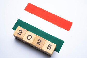 2025, Hungary flag with date block, Concept, Important events for Hungary the new year, election,...