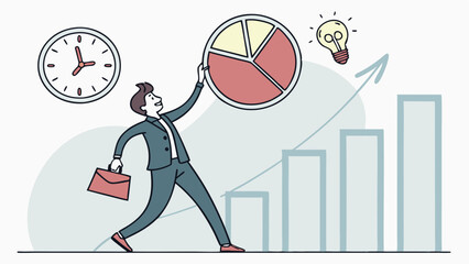 Obraz premium Businessman managing time and strategy with innovative leadership, planning, analysis, vision, finance, growth, creativity, and upward charts for achievement