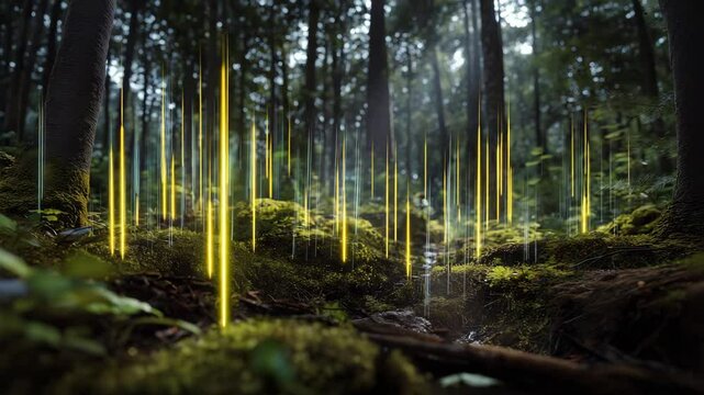 Digital vernetzter Wald mit gr&uuml;nen Datenimpulsen als Zukunftsvision der Umwelt&uuml;berwachung. K&uuml;nstliche Intelligenz KI