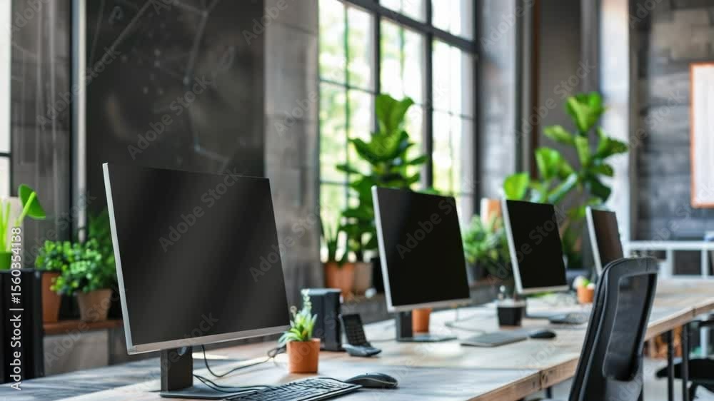 Poster row of computer monitors sitting on a wooden desk, ideal for tech office or study setting