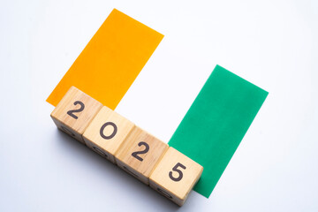 2025, Ireland flag with date block, Concept, Important events for Ireland the new year, election,...