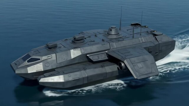 Futuristic naval warship armed and deployed for combat in open seas under dark skies