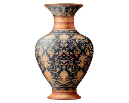 realistic Middle Eastern-Chinese fusion vase mockup, angled view with ornate details, isolated on transparent background