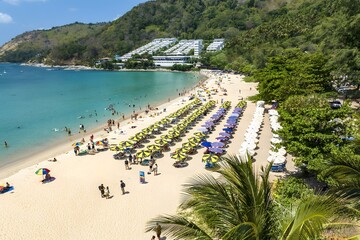 Tropical beach in Thailand with palm trees and umbrellas by the sea under clear sky