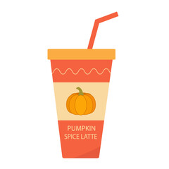 Pumpkin spice latte, autumn coffee in paper cup. Vector illustration