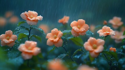 Dewy orange blossoms in rain
